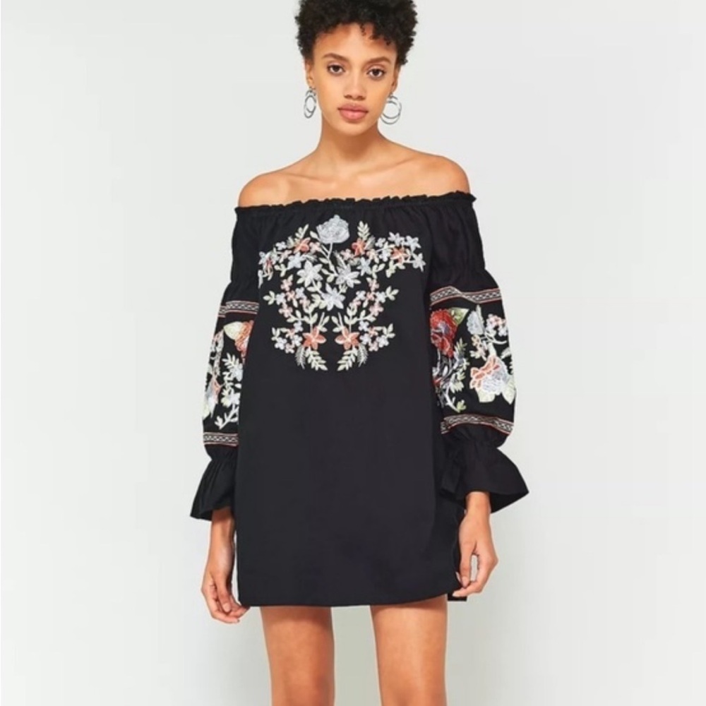 Free People Black Fleur du jour Mini Dress with Floral Embroidery